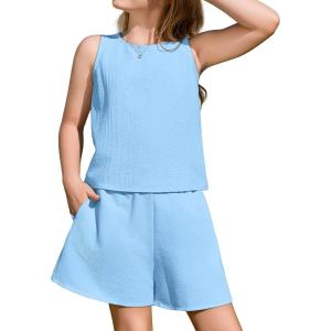 Arshiner Girls Summer 2 Piece Outfit Sleeveless Top and Paperbag Waist Shorts with Pockets Kids Shorts Set Ages 5-13(Light Blue)