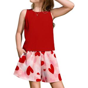 Arshiner Girls Summer 2 Piece Outfit Sleeveless Top and Paperbag Waist Shorts with Pockets Kids Shorts Set Ages 5-13(Love)