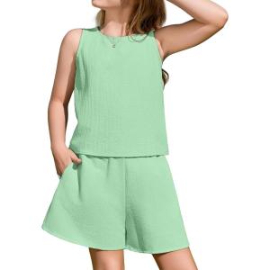 Arshiner Girls Summer 2 Piece Outfit Sleeveless Top and Paperbag Waist Shorts with Pockets Kids Shorts Set Ages 5-13(Mint Green)