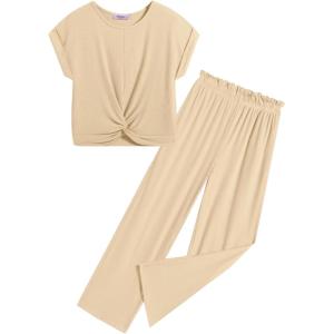 Arshiner Girls Summer 2 Piece Outfits Ribbed Short Sleeve Twist Front Tops and Wide Leg Pants Kids Loungwear Set Tracksuit(Khaki)