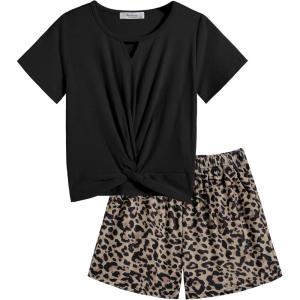Arshiner Girls Summer 2 Piece Outfits Tie Dye Short Sets Casual Twist Front Short Sleeve Tops and Pant with Pockets(Black&leopard)