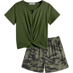 Arshiner Girls Summer 2 Piece Outfits Tie Dye Short Sets Casual Twist Front Short Sleeve Tops and Pant with Pockets(Green&camouflage)