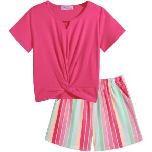 Arshiner Girls Summer 2 Piece Outfits Tie Dye Short Sets Casual Twist Front Short Sleeve Tops and Pant with Pockets(Pink&stripe)
