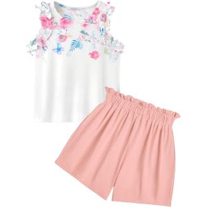 Arshiner Girls Summer Clothes 2 Piece Ruffle Trimmed Sleeveless Tank Top and High Waist Shorts with Pockets Clothing Sets(Flower_pink)
