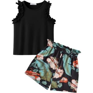 Arshiner Girls Summer Clothes 2 Piece Ruffle Trimmed Sleeveless Tank Top and High Waist Shorts with Pockets Clothing Sets(Hawaii Style)