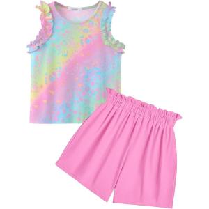 Arshiner Girls Summer Clothes 2 Piece Ruffle Trimmed Sleeveless Tank Top and High Waist Shorts with Pockets Clothing Sets(Rainbow Leopard_rose Red)