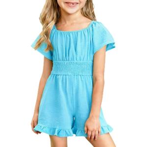 Arshiner Girls Summer Jumpsuits Tie Back Off Shoulder Short Sleeve One Piece Rompers Ruffle Smocked Casual Shorts Outfits(Blue)