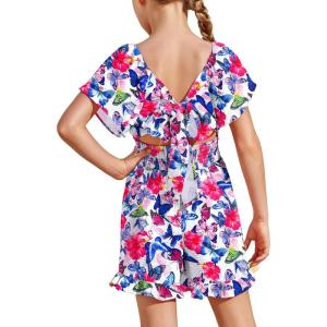 Arshiner Girls Summer Jumpsuits Tie Back Off Shoulder Short Sleeve One Piece Rompers Ruffle Smocked Casual Shorts Outfits(Butterfly Pattern)