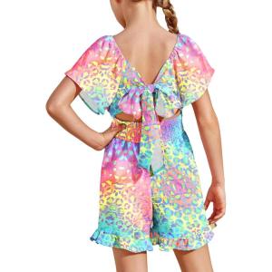 Arshiner Girls Summer Jumpsuits Tie Back Off Shoulder Short Sleeve One Piece Rompers Ruffle Smocked Casual Shorts Outfits(Colorful Leopard)
