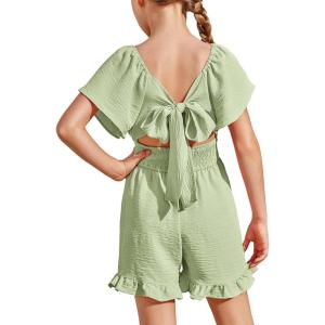 Arshiner Girls Summer Jumpsuits Tie Back Off Shoulder Short Sleeve One Piece Rompers Ruffle Smocked Casual Shorts Outfits(Light Green)