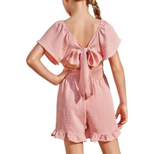 Arshiner Girls Summer Jumpsuits Tie Back Off Shoulder Short Sleeve One Piece Rompers Ruffle Smocked Casual Shorts Outfits(Pink)