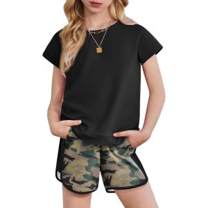 Arshiner Girls Summer Outfits 2 Piece Clothes Color Block Drop Shoulder Sleeve Top and Casual Short Sets Activewear(Black-camouflage)