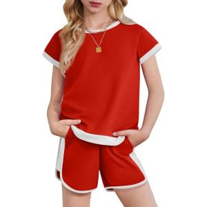 Arshiner Girls Summer Outfits 2 Piece Clothes Color Block Drop Shoulder Sleeve Top and Casual Short Sets Activewear(Red)