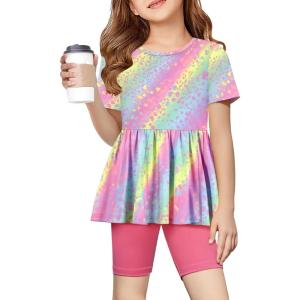 Arshiner Girls Summer Outfits Short Sleeve Ruffle Hem Top and Biker Shorts Set Girl Clothes 6-14 Years(Rainbow Leopard)