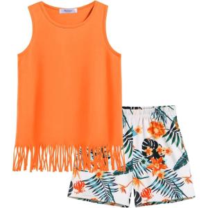Arshiner Girls Summer Outfits Sleeveless Fringe Tank Top and Elastic Waist Pocketed Shorts Set Girl Clothes 6-14 Years(Orange Floral)