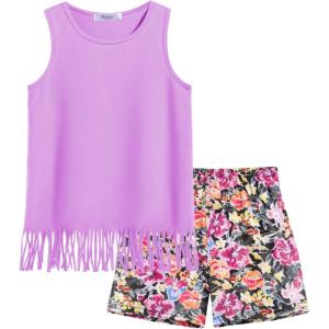 Arshiner Girls Summer Outfits Sleeveless Fringe Tank Top and Elastic Waist Pocketed Shorts Set Girl Clothes 6-14 Years(Purple Floral)