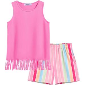 Arshiner Girls Summer Outfits Sleeveless Fringe Tank Top and Elastic Waist Pocketed Shorts Set Girl Clothes 6-14 Years(Rainbow Stripe)
