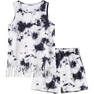 Arshiner Girls Summer Outfits Sleeveless Fringe Tank Top and Elastic Waist Pocketed Shorts Set Girl Clothes 6-14 Years(Tie Dye)