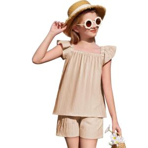 Arshiner Girls Summer Shorts Sets Cap Sleeve Top and Elastic Waist Pocketed Shorts Outfit 2 Piece Clothing Set(Champagne)