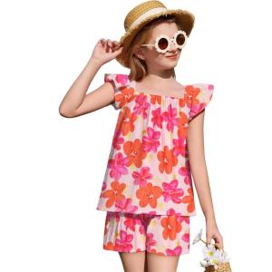 Arshiner Girls Summer Shorts Sets Cap Sleeve Top and Elastic Waist Pocketed Shorts Outfit 2 Piece Clothing Set(Orange Floral)