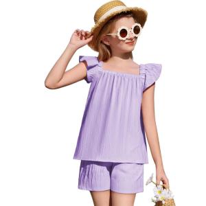 Arshiner Girls Summer Shorts Sets Cap Sleeve Top and Elastic Waist Pocketed Shorts Outfit 2 Piece Clothing Set(Purple)