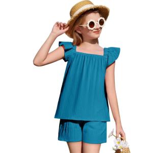 Arshiner Girls Summer Shorts Sets Cap Sleeve Top and Elastic Waist Pocketed Shorts Outfit 2 Piece Clothing Set(Turquoise)