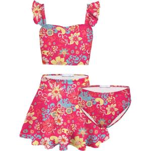 Arshiner Girls Swimsuit 3 Piece Bathing Suits Cute Bikini Tankini Sets Teen Ruffle Swimwear with Cover Up Skirt(Flowers-red)
