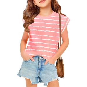 Arshiner Girls T Shirts Cap Sleeves Casual Summer Tops Crewneck Tank Loose Fit Fashion Blouse Tee(Pink&white Stripe)