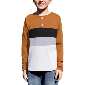 Arshiner Kids Boys Henley Shirts Cotton Long Sleeve Crewneck T-Shirts Color Block Tee Tops 3-12 Years(Light Brown)