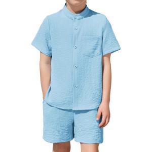 Arshiner Toddler Boys 2 Piece Set Short Sleeve Button Down Shirt and Shorts Vacation Texture Outfits with Pocket 2-8 Years(Light Blue)