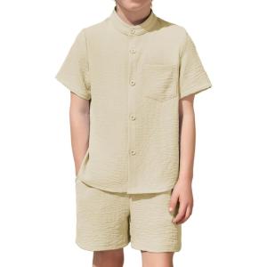 Arshiner Toddler Boys 2 Piece Set Short Sleeve Button Down Shirt and Shorts Vacation Texture Outfits with Pocket 2-8 Years(Light Khaki)
