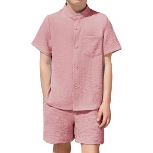 Arshiner Toddler Boys 2 Piece Set Short Sleeve Button Down Shirt and Shorts Vacation Texture Outfits with Pocket 2-8 Years(Light Pink)