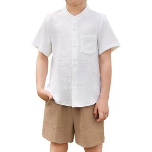 Arshiner Toddler Boys 2 Piece Set Short Sleeve Button Down Shirt and Shorts Vacation Texture Outfits with Pocket 2-8 Years(White & Khaki)
