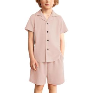 Arshiner Toddler Boys 2 Piece Summer Outfits Waffle Knit Short Sleeve Button Down Shirt & Casual Shorts Sets Size 2-7(Champagne)