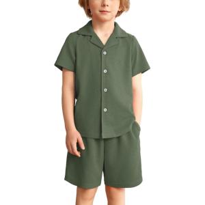 Arshiner Toddler Boys 2 Piece Summer Outfits Waffle Knit Short Sleeve Button Down Shirt & Casual Shorts Sets Size 2-7(Deep Army Green)