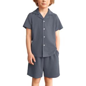 Arshiner Toddler Boys 2 Piece Summer Outfits Waffle Knit Short Sleeve Button Down Shirt & Casual Shorts Sets Size 2-7(Deep Grey)