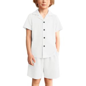 Arshiner Toddler Boys 2 Piece Summer Outfits Waffle Knit Short Sleeve Button Down Shirt & Casual Shorts Sets Size 2-7(White)