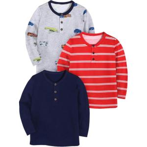 Arshiner Toddler Boys 3 Pack Long-Sleeve Henley T-Shirts Casual Cotton Graphic Shirt for 2-9 Years(Navy Blue/Red Stripe/Grey Print)