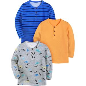 Arshiner Toddler Boys 3 Pack Long-Sleeve Henley T-Shirts Casual Cotton Graphic Shirt for 2-9 Years(Orange/Blue Stripe/Grey Print)