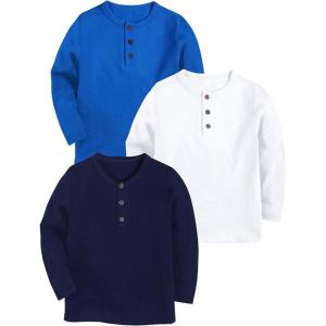 Arshiner Toddler Boys 3 Pack Long-Sleeve Henley T-Shirts Casual Cotton Graphic Shirt for 2-9 Years(Royal Blue/White/Navy)
