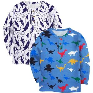 Arshiner Toddler Boys 3 Pack Long-Sleeve Henley T-Shirts Casual Cotton Graphic Shirt for 2-9 Years(White / Royal Blue)
