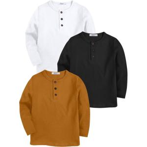 Arshiner Toddler Boys 3 Pack Long-Sleeve Henley T-Shirts Casual Cotton Graphic Shirt for 2-9 Years(White/Black/Brown)