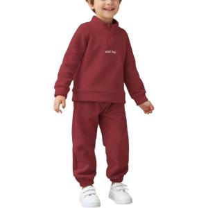 Arshiner Toddler Boys Letter Embroidery Half Zip Sweatshirt & Pants Set Fuzzy Fleece Fall Winter Outfits 2~6 Years(Burgundy)