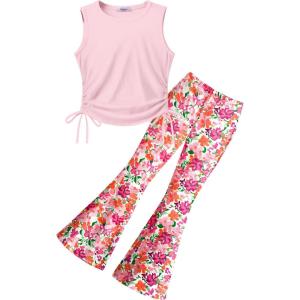 Arshiner Toddler Girl Clothes 2 Piece Outfits Side Adjustable Drawstrings Tank Tops and Flare Leggings Pant Set(Pink Floral)