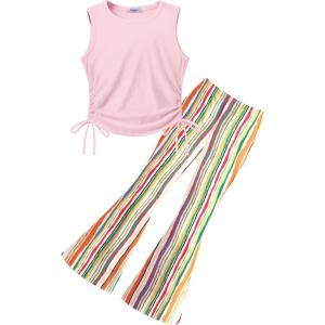 Arshiner Toddler Girl Clothes 2 Piece Outfits Side Adjustable Drawstrings Tank Tops and Flare Leggings Pant Set(Pink Stripe)