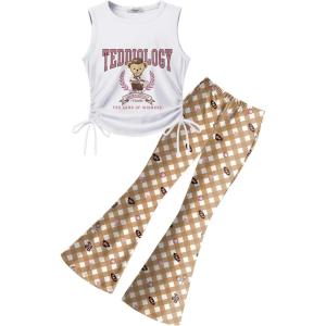 Arshiner Toddler Girl Clothes 2 Piece Outfits Side Adjustable Drawstrings Tank Tops and Flare Leggings Pant Set(White Brown)