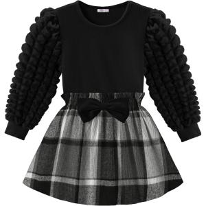 Arshiner Toddler Girl Skirt Set 2Pcs Outfits Puff Sleeve Knit Tops and Flared Mini Skirts with Bowknot Kids Cute Clothes 1-6(Black&white Plaid)