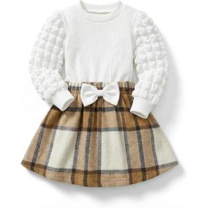 Arshiner Toddler Girl Skirt Set 2Pcs Outfits Puff Sleeve Knit Tops and Flared Mini Skirts with Bowknot Kids Cute Clothes 1-6(White&brown)