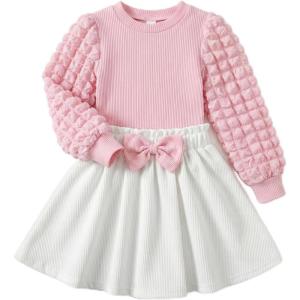 Arshiner Toddler Girl Skirt Set 2Pcs Outfits Puff Sleeve Knit Tops and Flared Mini Skirts with Bowknot Kids Cute Clothes 1-6(White&pink)