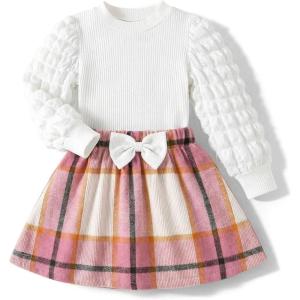 Arshiner Toddler Girl Skirt Set 2Pcs Outfits Puff Sleeve Knit Tops and Flared Mini Skirts with Bowknot Kids Cute Clothes 1-6(White&pink Plaid)